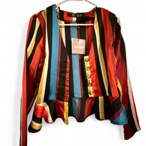 Missguided multi-colored striped button-down blouse with ruffled hem size 6 NWT - Picture 1 of 4